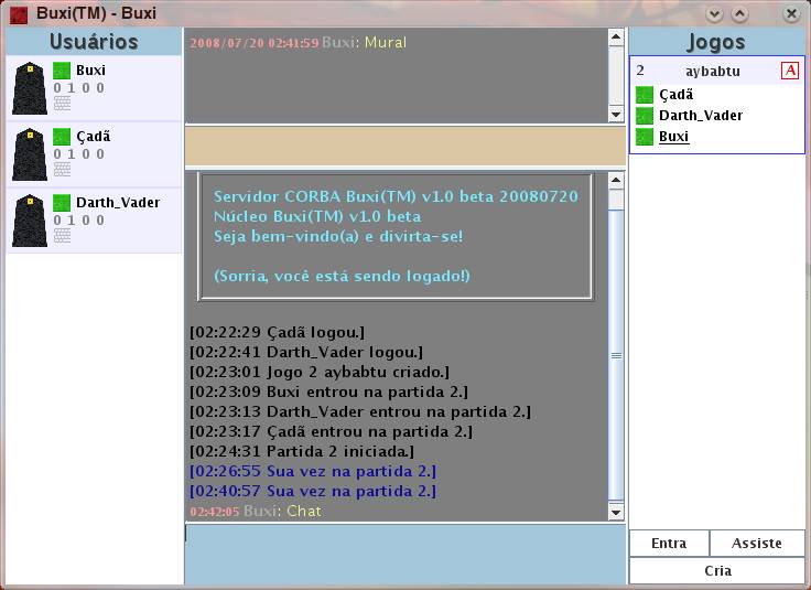 Screenshot da janela de partidas do jogo Buxi(TM), uma implementação de War/Risk