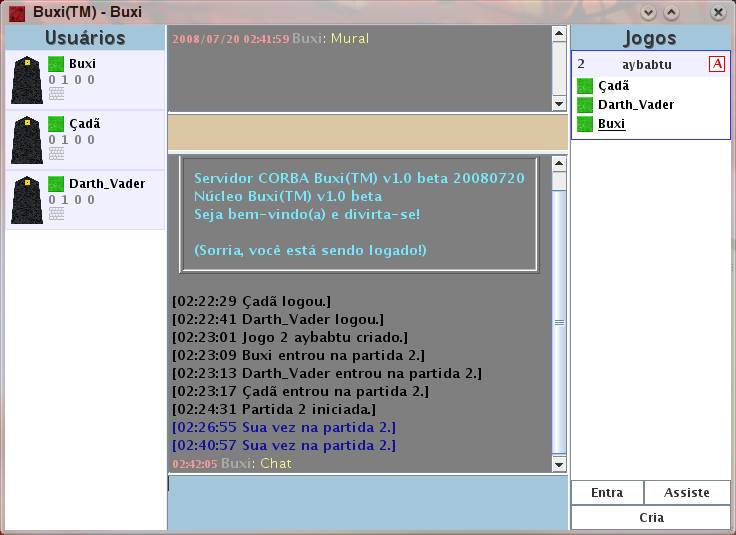 Screenshot da janela de partidas do jogo Buxi(TM), uma implementa&ccedil;&atilde;o de War/Risk