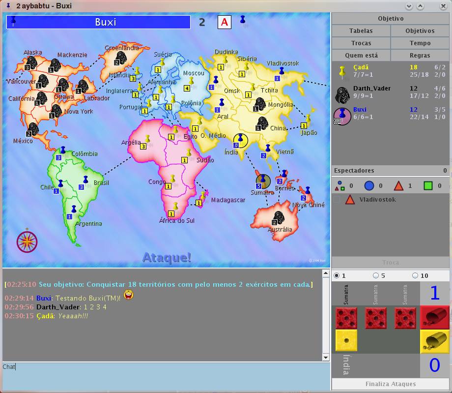 Screenshot da janela de jogo do jogo Buxi(TM), uma implementação de War/Risk