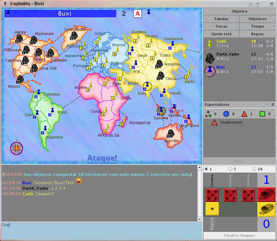 Screenshot da janela de jogo do jogo Buxi(TM), uma implementa&ccedil;&atilde;o de War/Risk